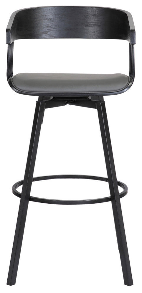 Athena Swivel Black Wood Counter Stool, Gray Faux Leather With Black Metal, 27"