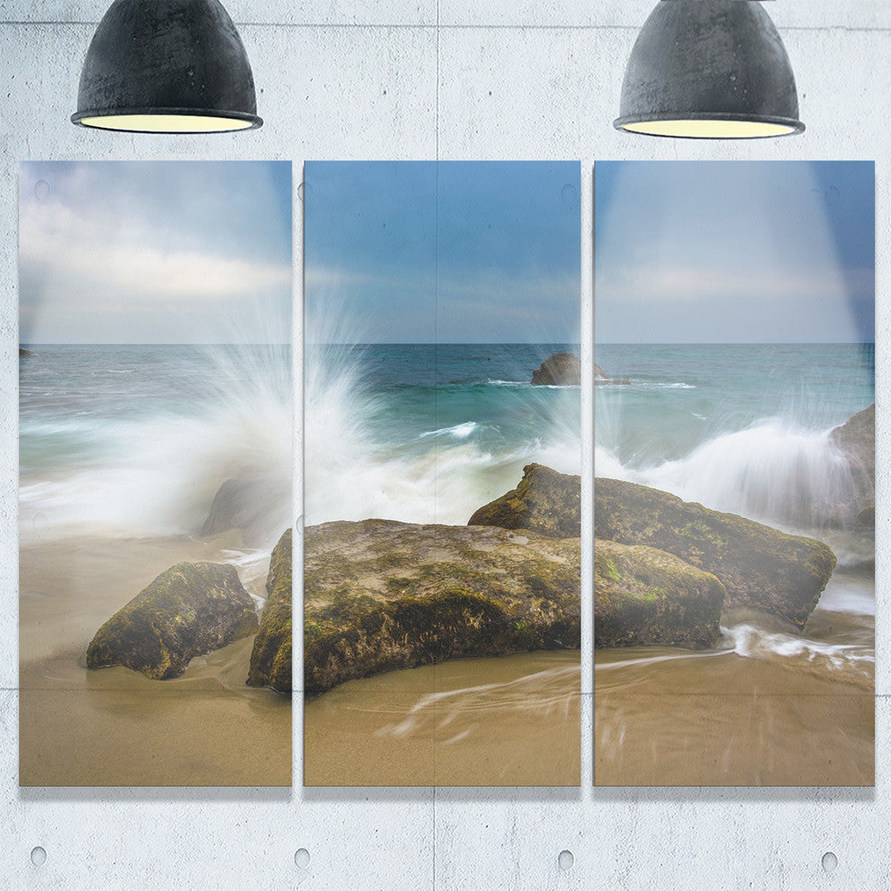 "Waves Crashing Rocks at Woods Cove" Metal Wall Art, 3 Panels, 36"x28"