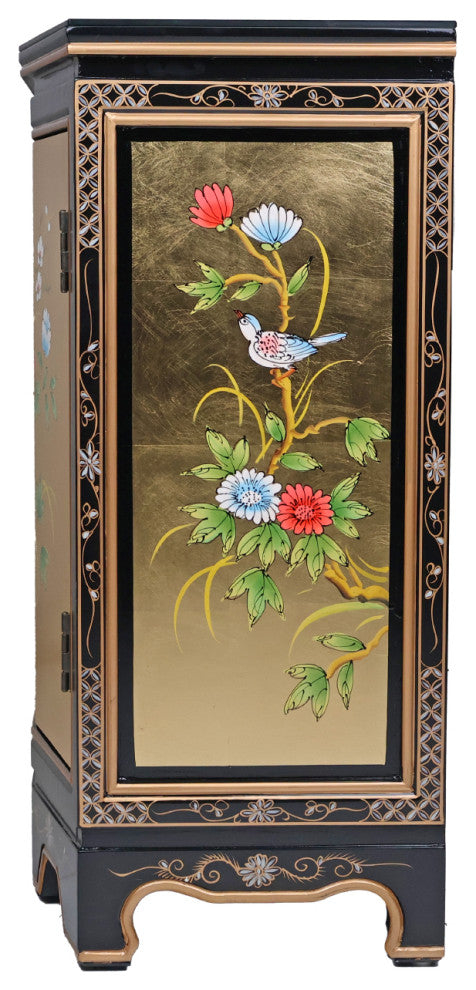 Slant Front Gold Leaf Hand-Painted Bird and Flower 2-Door Cabinet