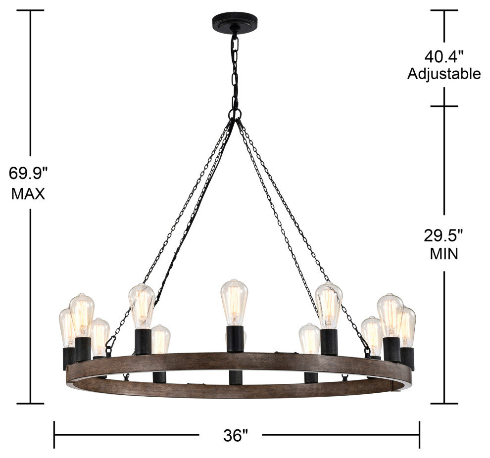 Mia 12-light Faux Wood Metal Chandelier Round Wheel With Black Sleeves