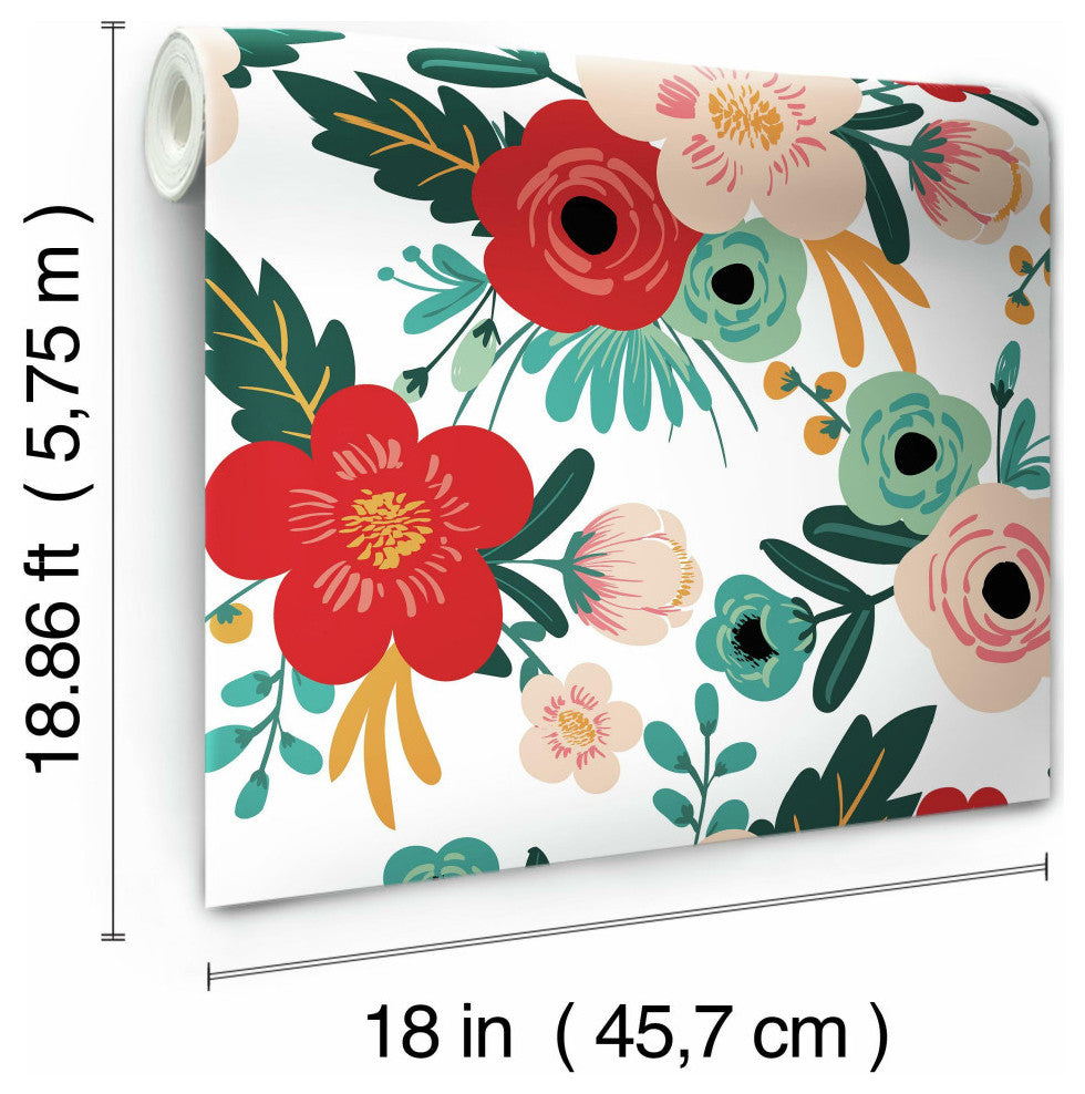 Poppy Floral Peel and Stick Wallpaper, Red and Blue