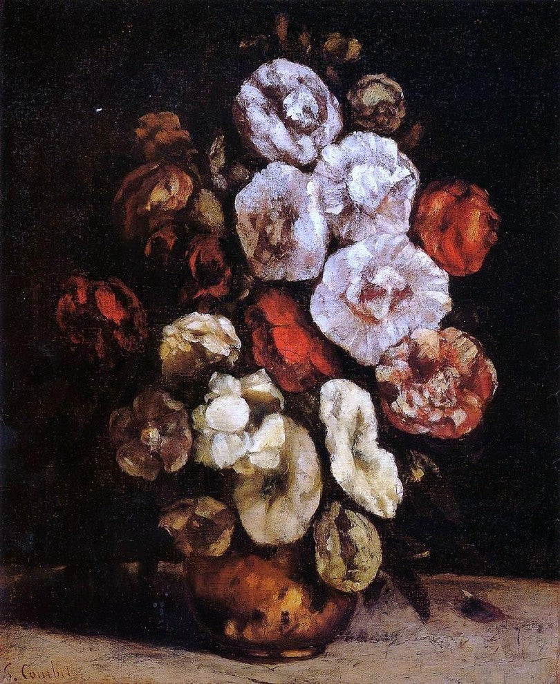 Gustave Courbet Hollyhocks in a Copper Bowl Premium Canvas Print