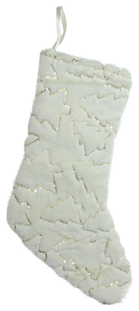 18" Gilded White Christmas White Faux Fur Stocking With Gold Sequined Trees