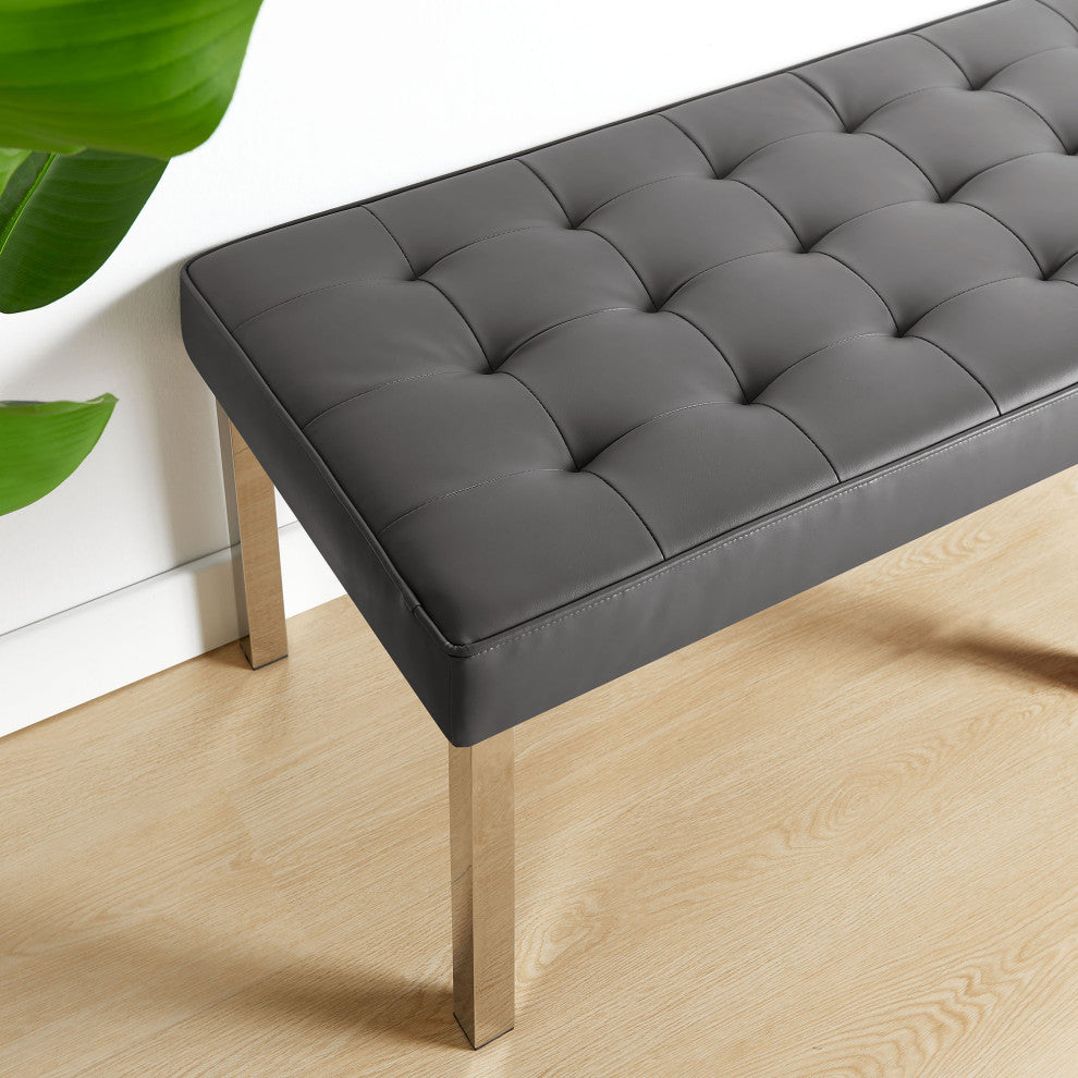 Loft Tufted Large Upholstered Faux Leather Bench Silver Gray
