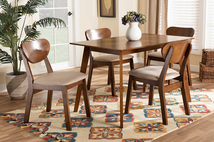 Eurah Mid-Century Modern Upholstered 5-Piece Dining Set, Sand/Walnut Brown