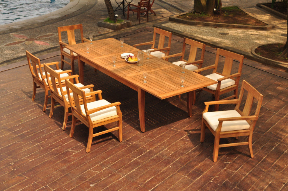 9-Piece Outdoor Teak Dining Set, 122" X-Large Rectangle Table, 8 Osbo Arm Chairs