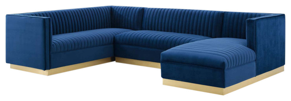 Sanguine 3 Piece Performance Velvet Sectional Sofa Set - Navy