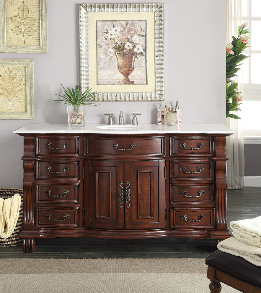 60 inch Cherry Wood Hopkinton Bathroom Sink Vanity White Marble Top