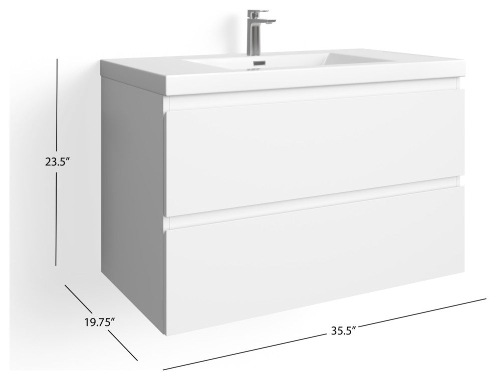 The Beacon Bathroom Vanity, Single Sink, 36", High Gloss White, Wall Mounted