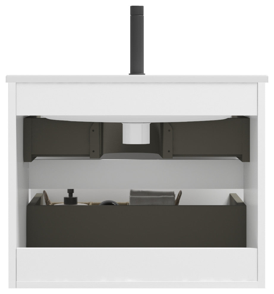 Wall-Mounted Bathroom Vanity Set with Ceramic Sink with one faucet hole, Glossy White