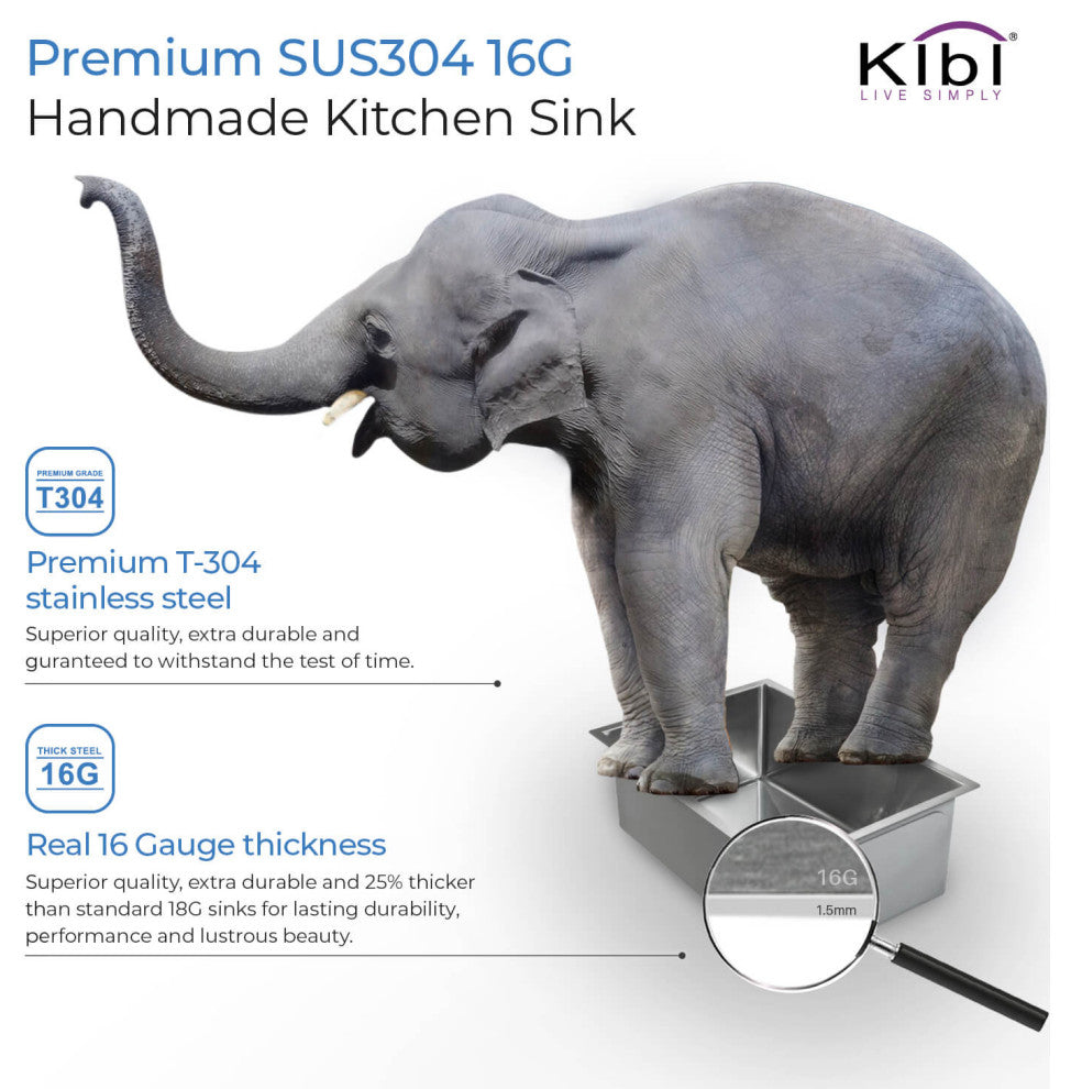KIBI Handcrafted Undermount Single Bowl 16 gauge Stainless Steel Kitchen Sink, 3