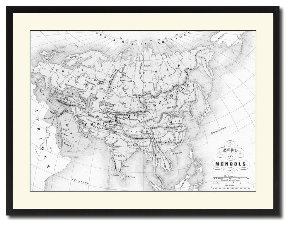 Mongolian Empire Asia Map Print On Canvas With Black Custom Frame, 28" X 37"
