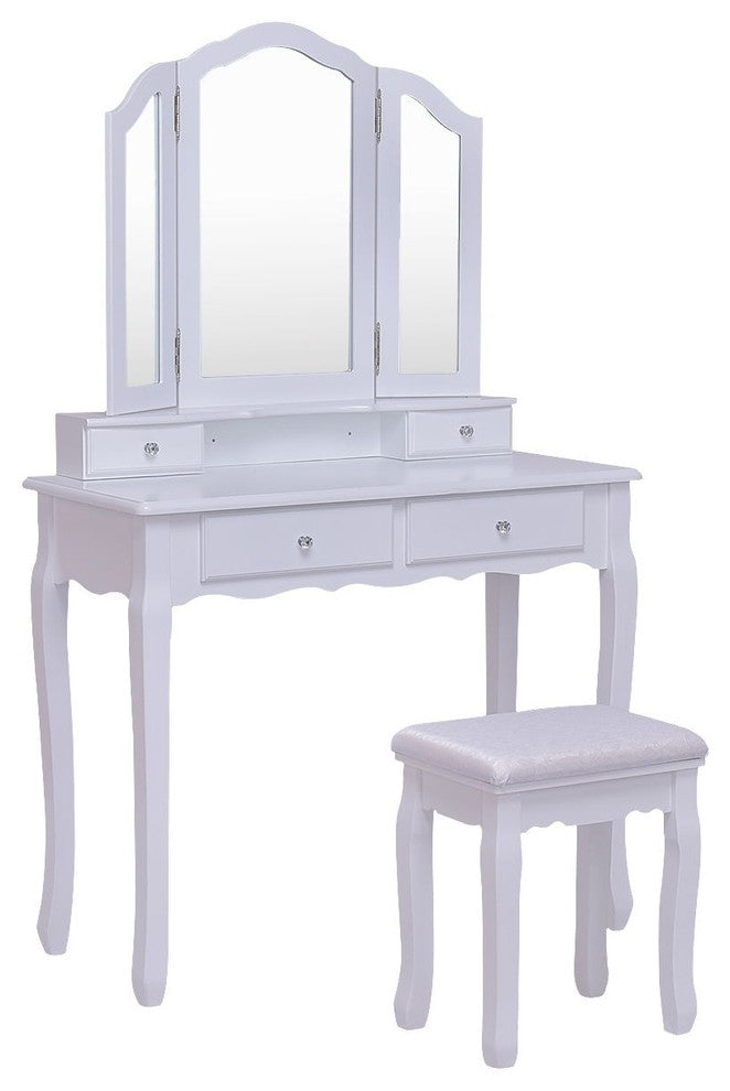 Compact Style Tri-Folding Mirror Vanity Table Stool Set With 4 Drawers, White