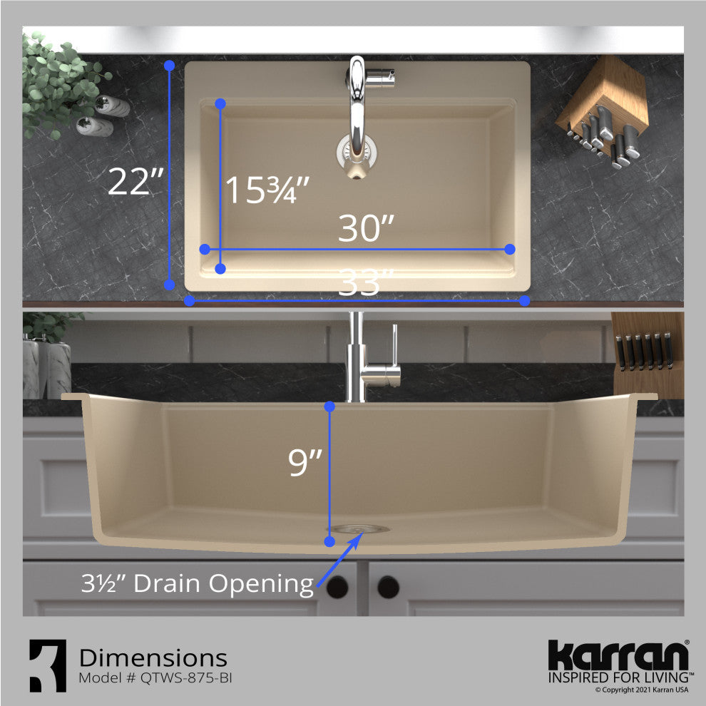Karran Top Mount 33" Single Bowl Quartz Workstation Kitchen Sink, Bisque