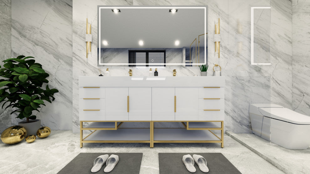 Madison 84" Free Standing Double Sink Vanity with Reinforced Acrylic Sink, High Gloss White