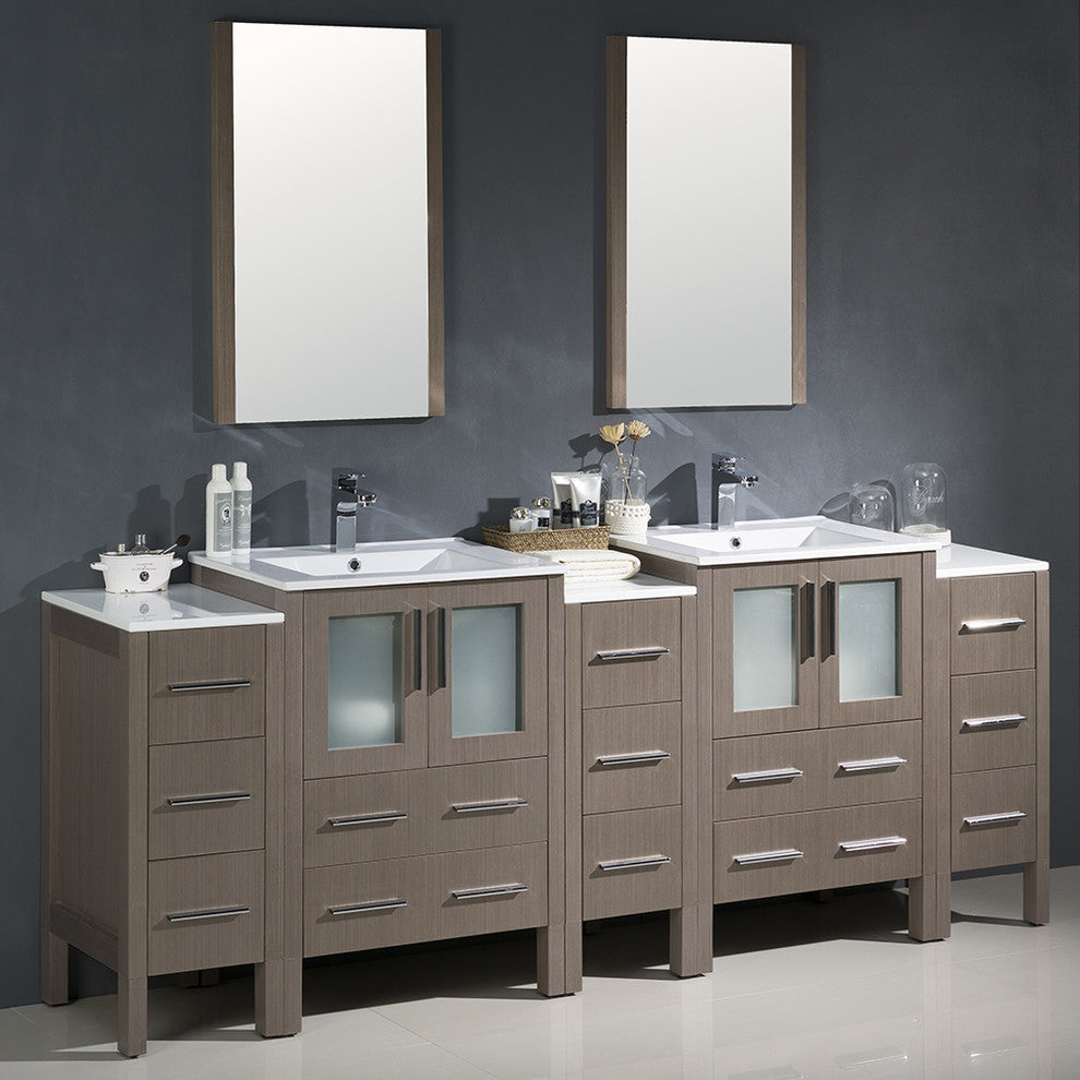 Torino 84" Gray Oak Modern Double Sink Bathroom Vanity, Faucet FFT1040CH