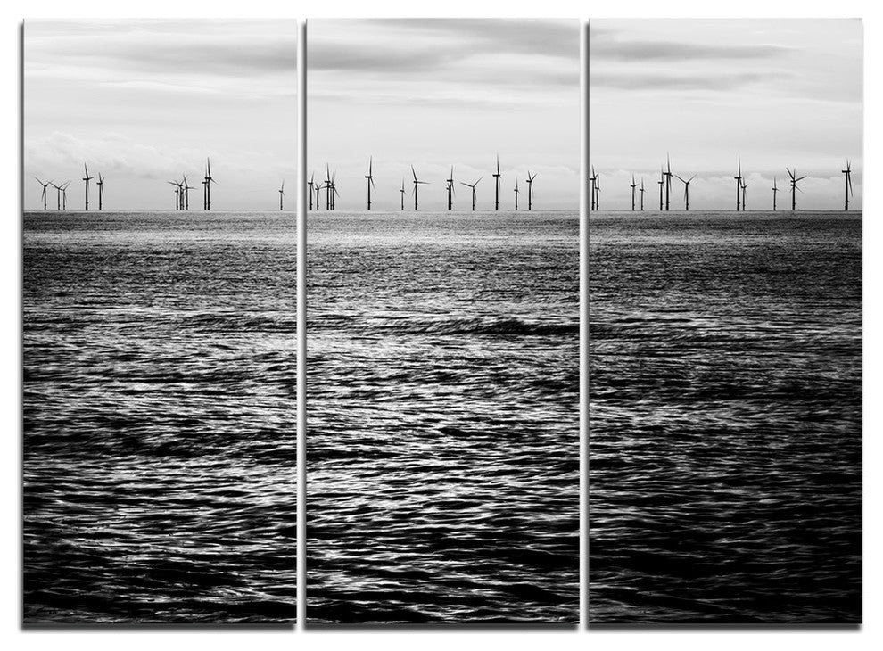 "Wind Turbines Black and White" Metal Wall Art, 3 Panels, 36"x28"