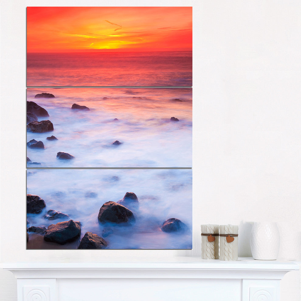 "Bright Red Rocky Coast Sunset" Metal Wall Art, 3 Panels, 28"x36"