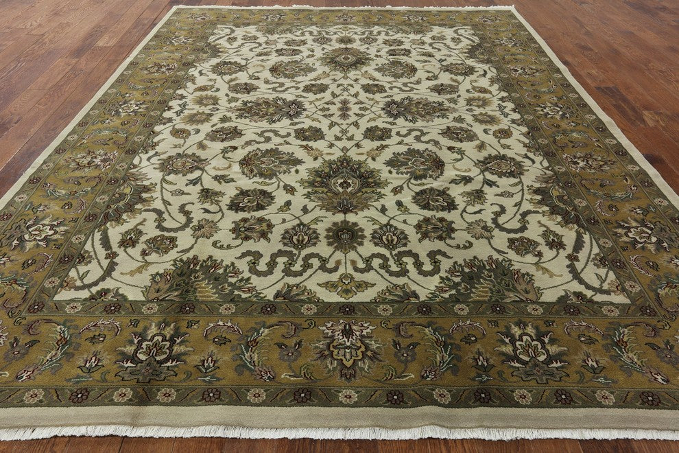Oriental Herati Design 9'x12' Ivory Rajasthan Hand Knotted Wool Area Rug H8620