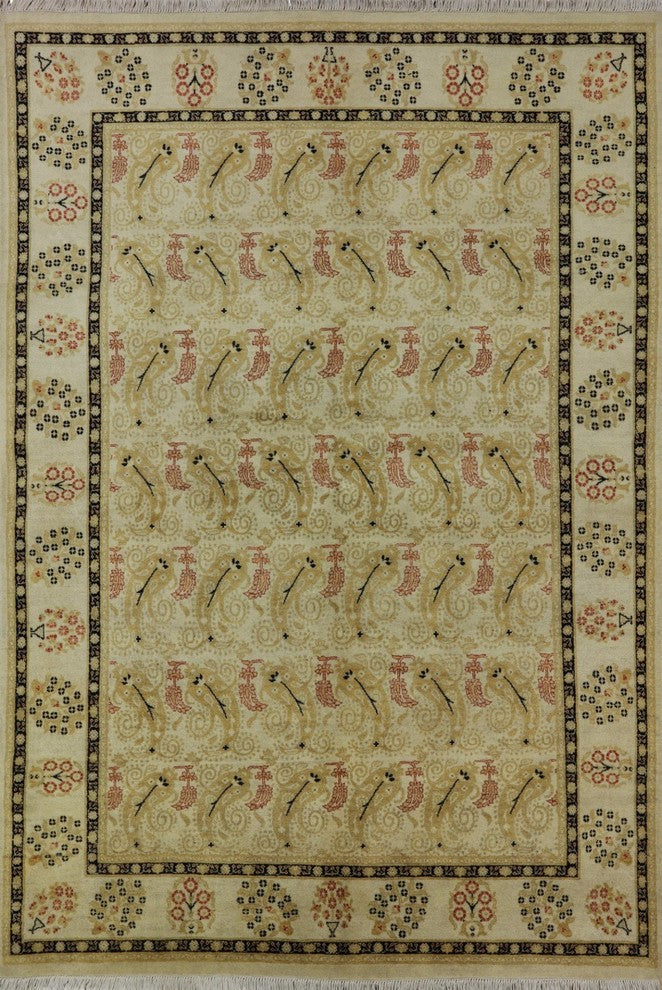 Fish Oushak Ivory Chobi Hand-Knotted Wool Rug, 9'x12