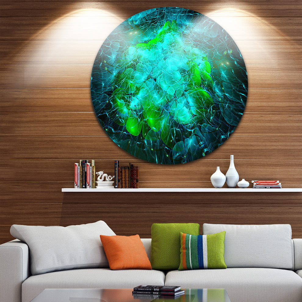 Fractal Smoke Texture Green, Abstract Digital Disc Metal Artwork, 11"