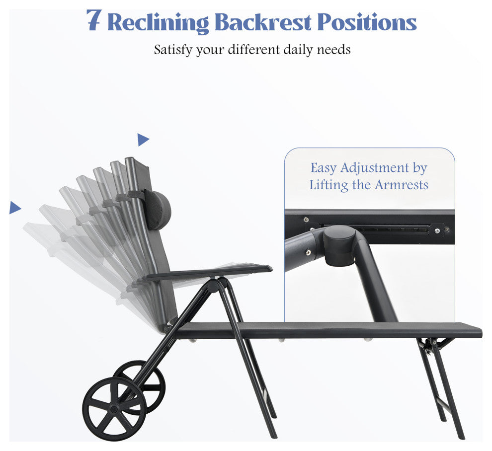 Costway Patio Lounge Chair W/ Wheels Neck Pillow Aluminum Frame Adjustable