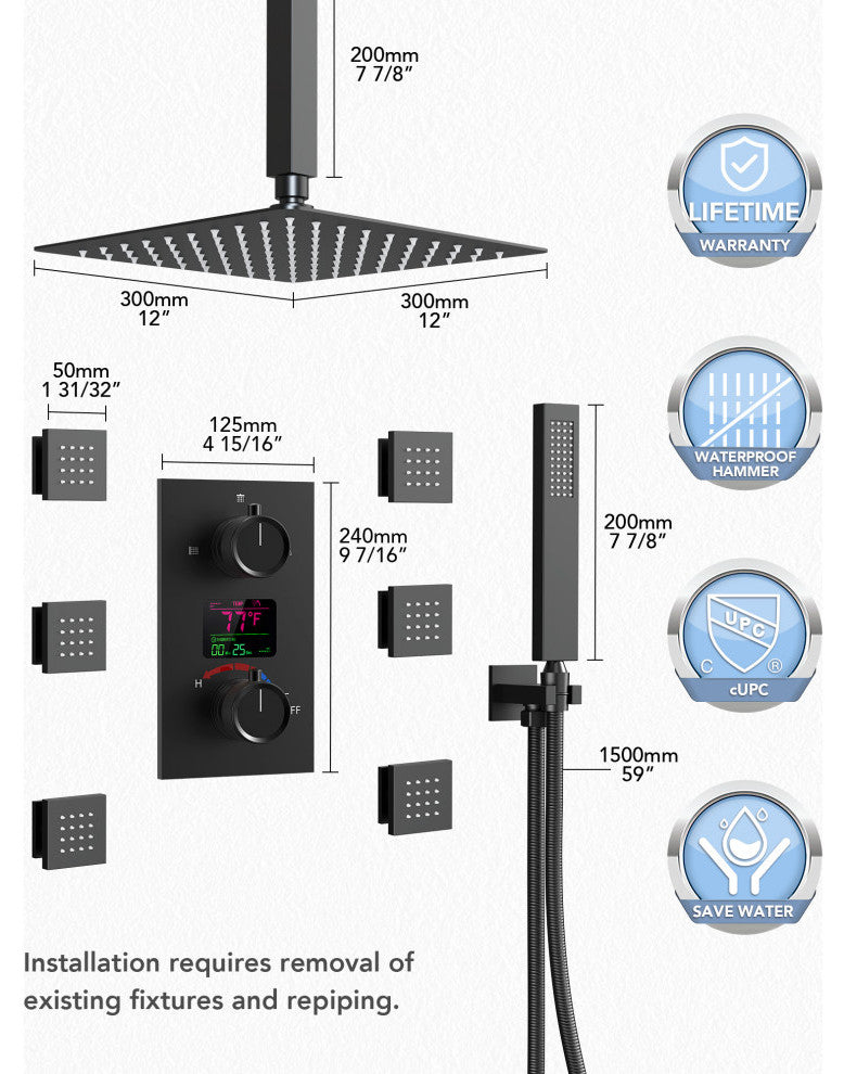 Digital Shower System 12" Rainfall Shower Head With 6 Body Jets, Matte Black