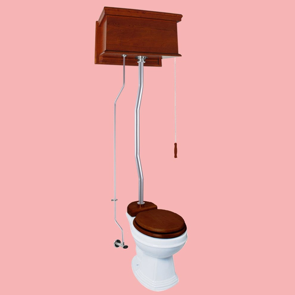 Mahogany Flat High Tank Pull Chain Toilet with White Round Bowl and Satin Z-Pipe