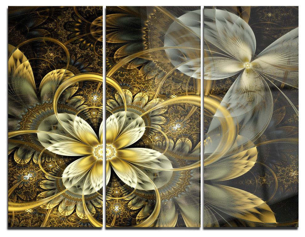 "Fractal Orange Yellow Flowers" Digital Metal Wall Art, 3 Panels, 36"x28"