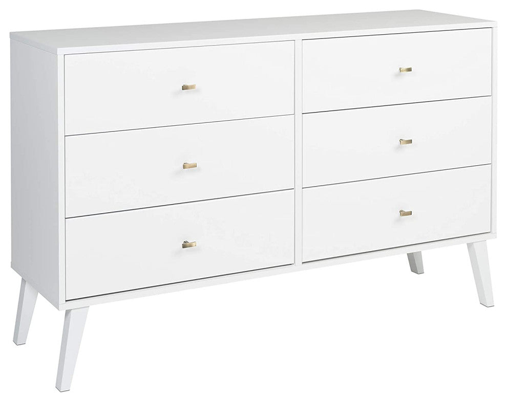 Mid Century Modern Dresser, Tapered Legs and 6 Drawers With Brass Knobs, White