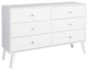 Mid Century Modern Dresser, Tapered Legs and 6 Drawers With Brass Knobs, White