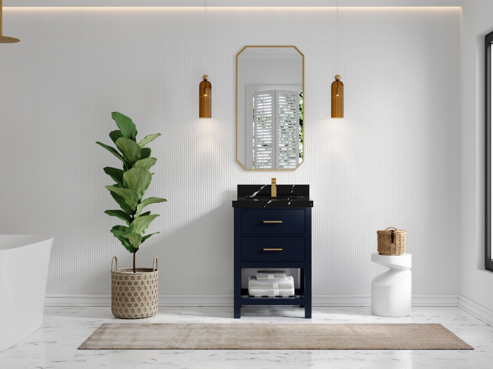 Parker 24" Single Sink Bath Vanity, Navy Blue 2" Calacatta Black
