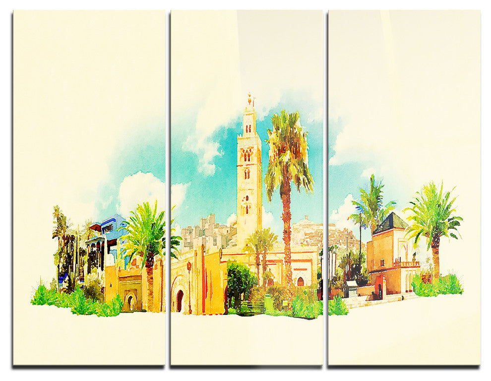 "Marakesh Panoramic View" Watercolor Metal Wall Art, 3 Panels, 36"x28"