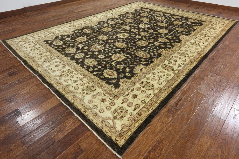 Peshawar Oriental Hand-Knotted Brown Oushak Chobi Wool Rug, 10'x14'
