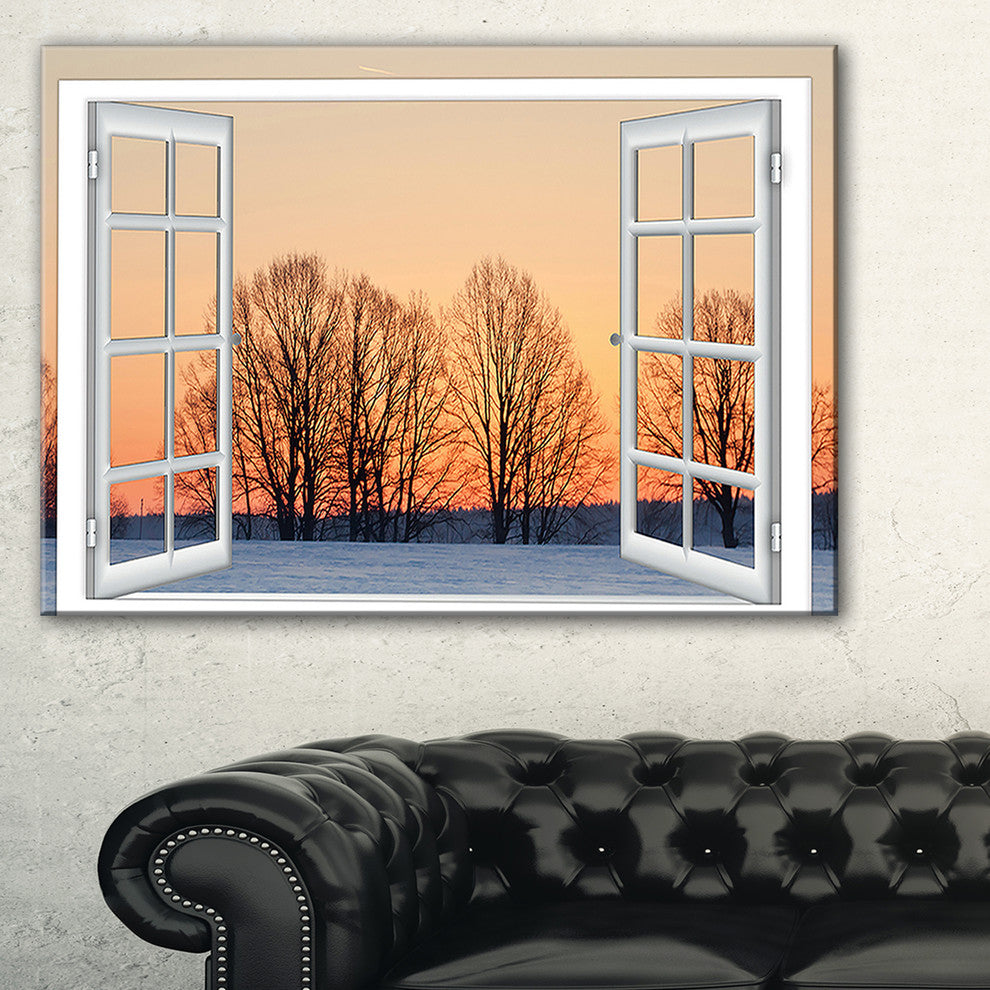"Open Window To Snowy Sunset" Landscape Art Canvas Print, 40"x20"