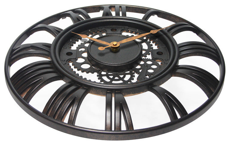 Roman Gear Rustic Iron Clock, 15.5"