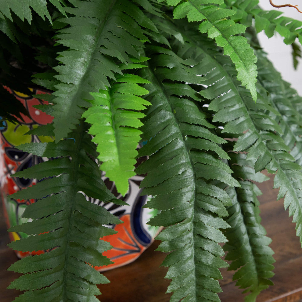 21" Artificial Boston Fern, Handmade Mexican Talavera Ceramic Planter