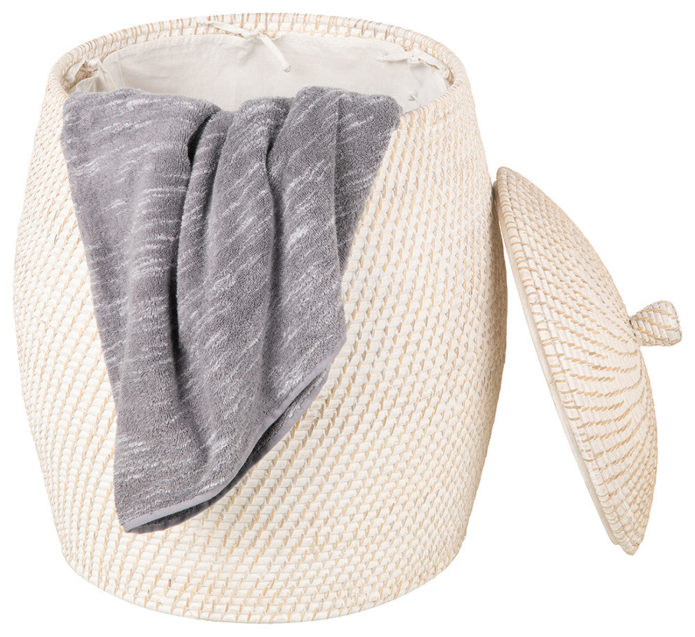 Rattan Beehive Hamper With Liner, White Wash