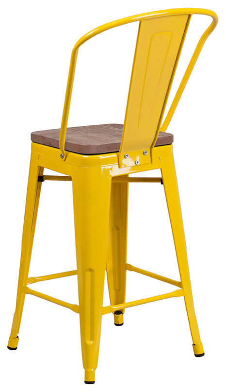24" High Yellow Metal Counter Height Stool With Back and Wood Seat