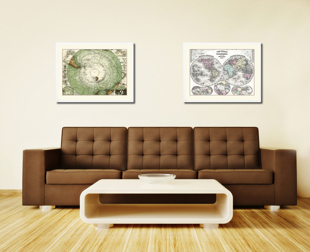 Antarctica South Pole Old Map Print On Canvas With Picture Frame 28" X 37"