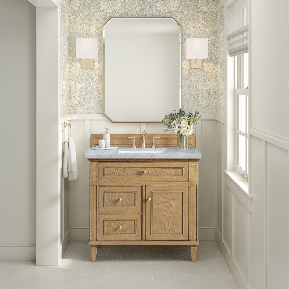 Lorelai 36" Single Vanity, Light Natural Oak, 3 CM Carrara White Marble Top