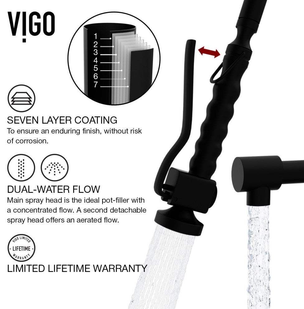 VIGO Zurich 27" H Single Handle Pull-Down Sprayer Kitchen Faucet, Matte Black, Without Extras