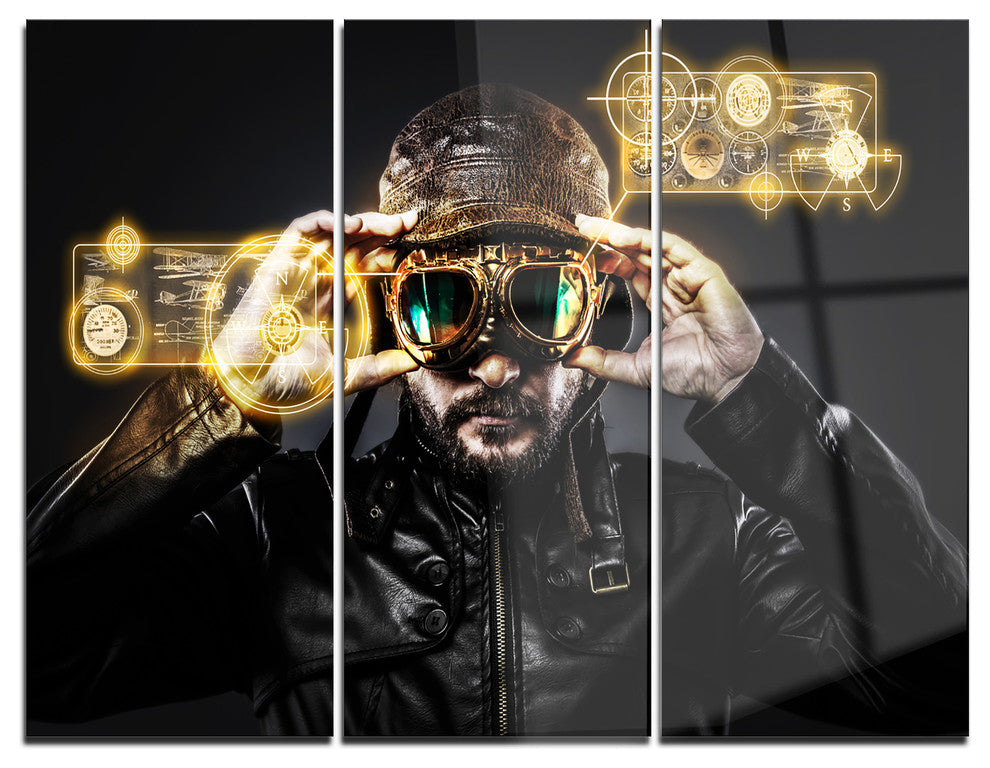 "Fighter Pilot With Hat and Glasses" Metal Wall Art, 3 Panels, 36"x28"