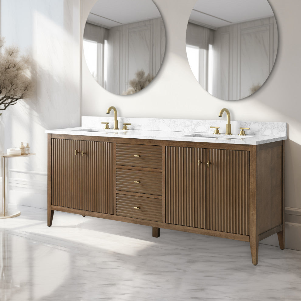 Vanity Art Freestanding Vanity, Walnut, 72", Double Sink, Golden Brushed