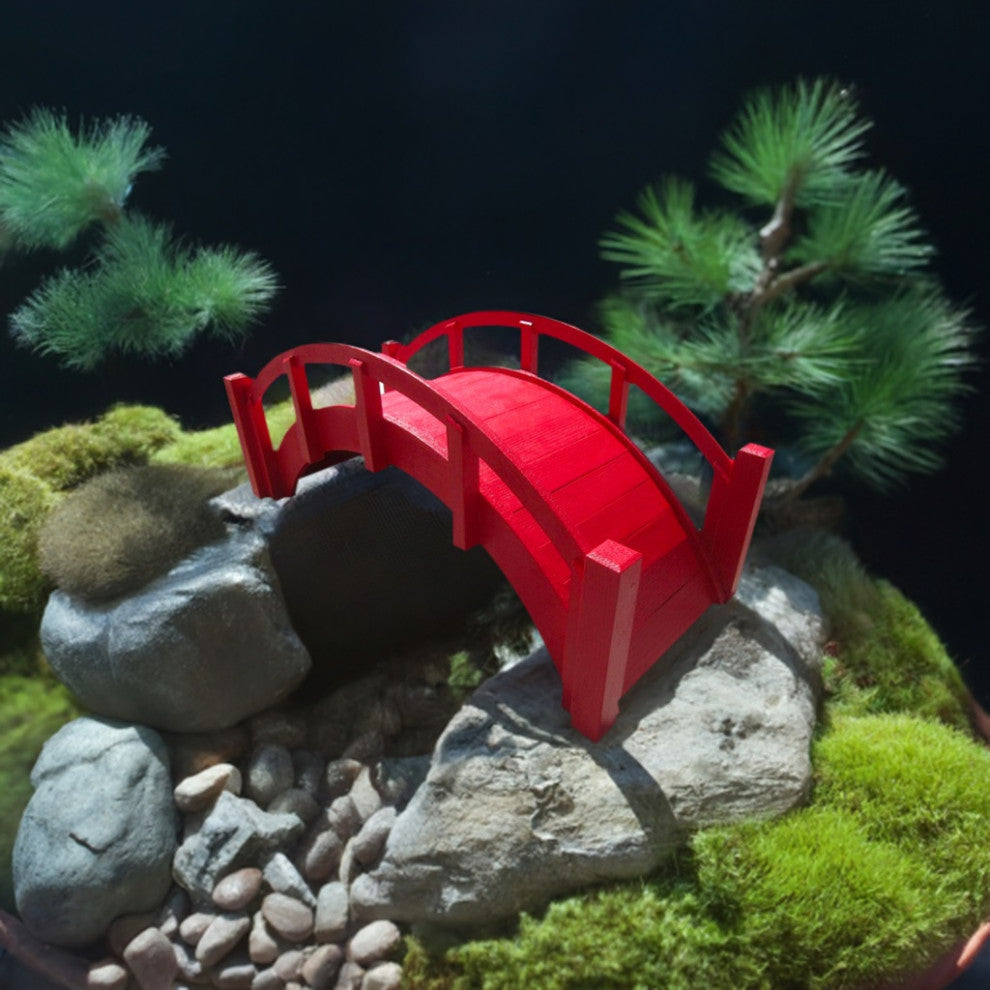 Miniature Red Japanese Wood Garden Bridge, 25", Assembled