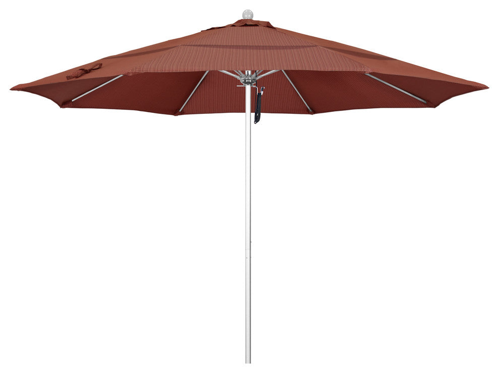 11' Silver Anodized Pulley Lift Fiberglass Rib Aluminum Umbrella, Olefin, Terrace Adobe