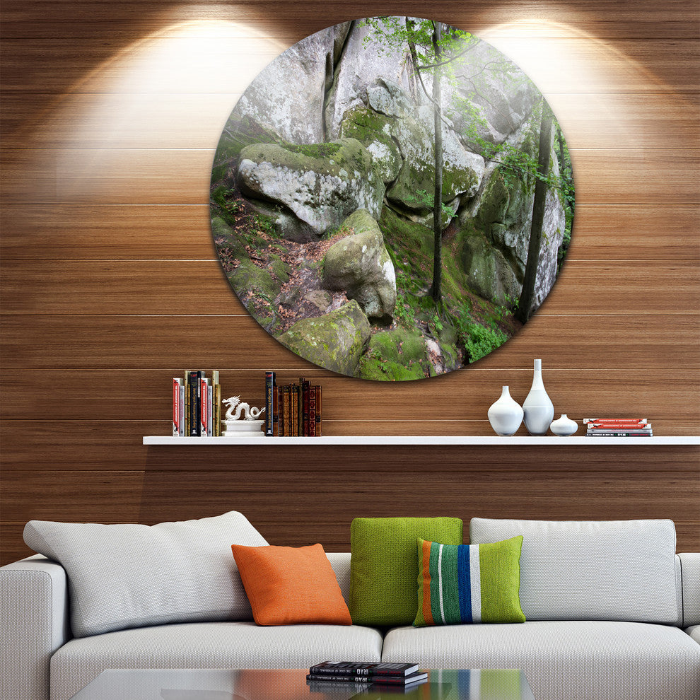 Deep Moss Forest With Rocks, Landscape Disc Metal Artwork, 23"
