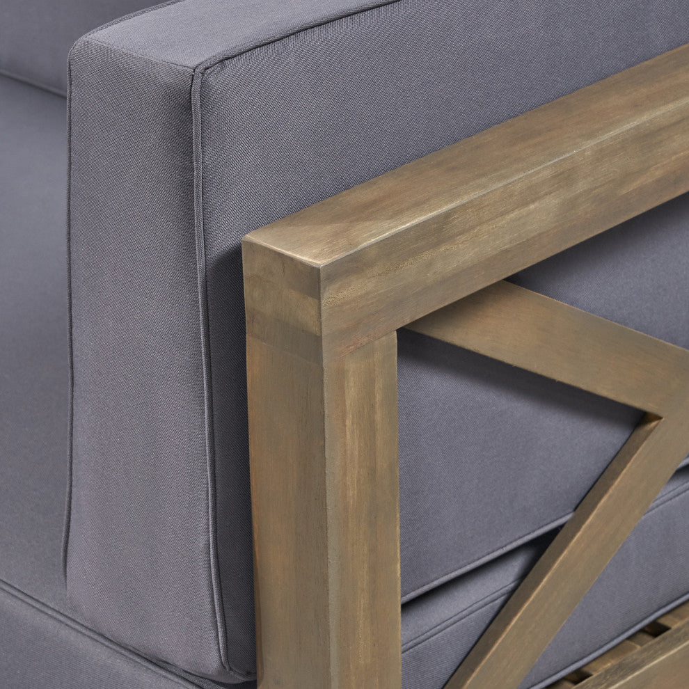 Morgan Outdoor 6 Seater Acacia Wood Sectional Sofa and Club Chair Set, Dark Gray