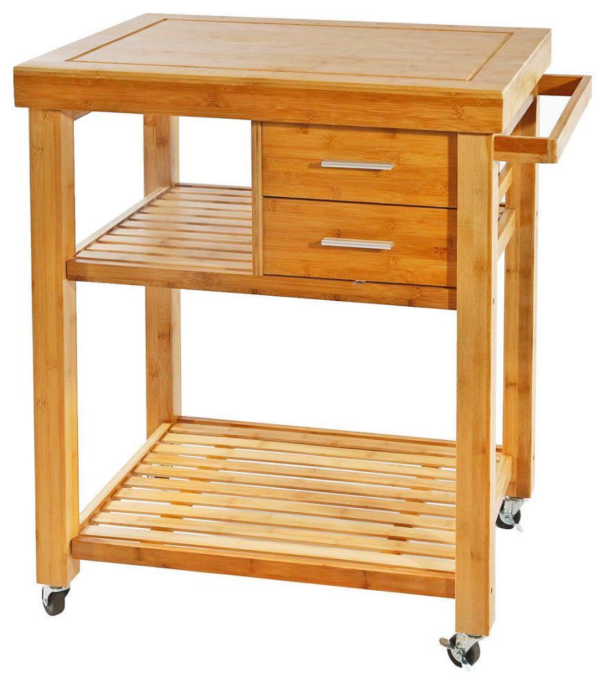 Rolling Bamboo Wood Kitchen Island Cart Trolley, Cabinet w/ Towel Rack & Drawers