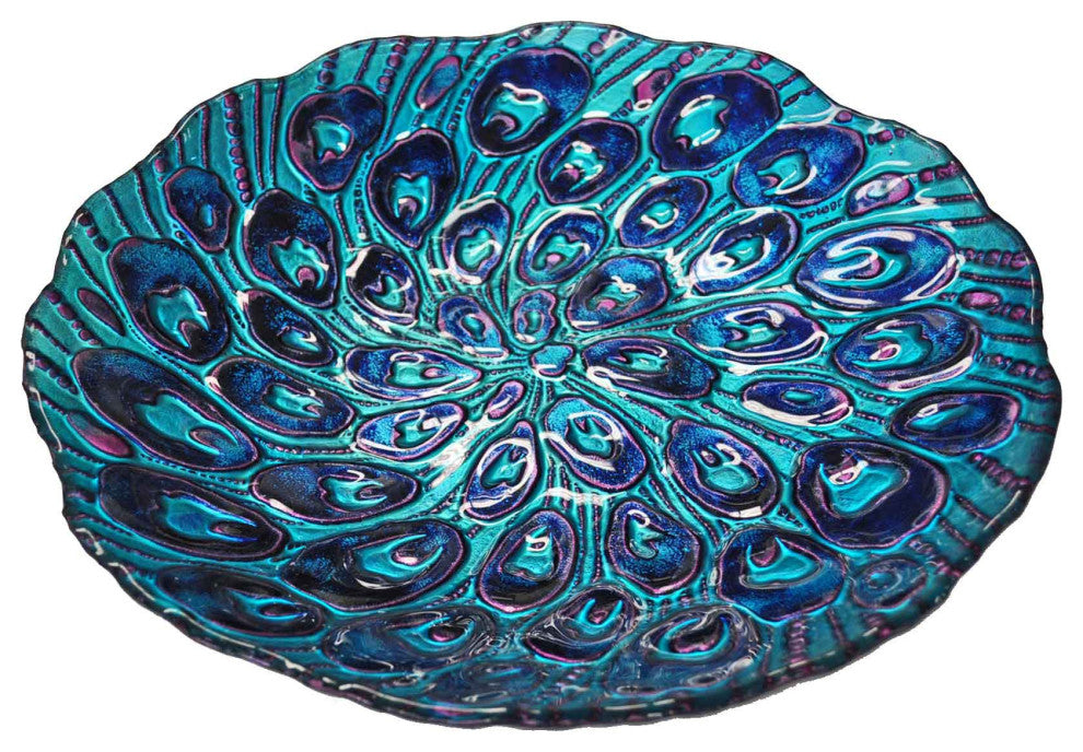 18" Peacock Tail Glass Plate and Bird Bath Bowl Decorative Yard Art